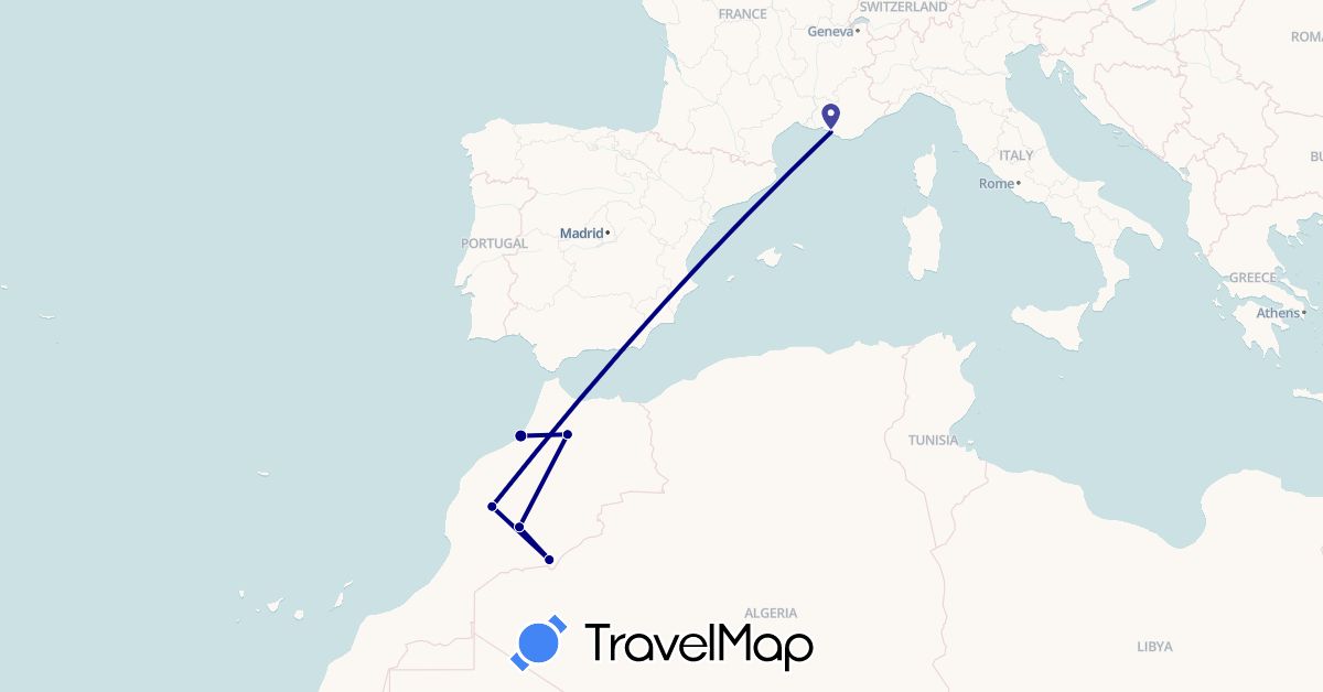 TravelMap itinerary: driving in France, Morocco (Africa, Europe)